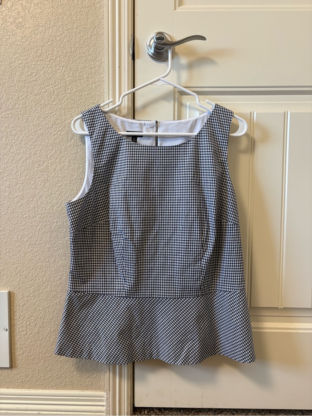 Talbots White and Navy Gingham Peplum Top